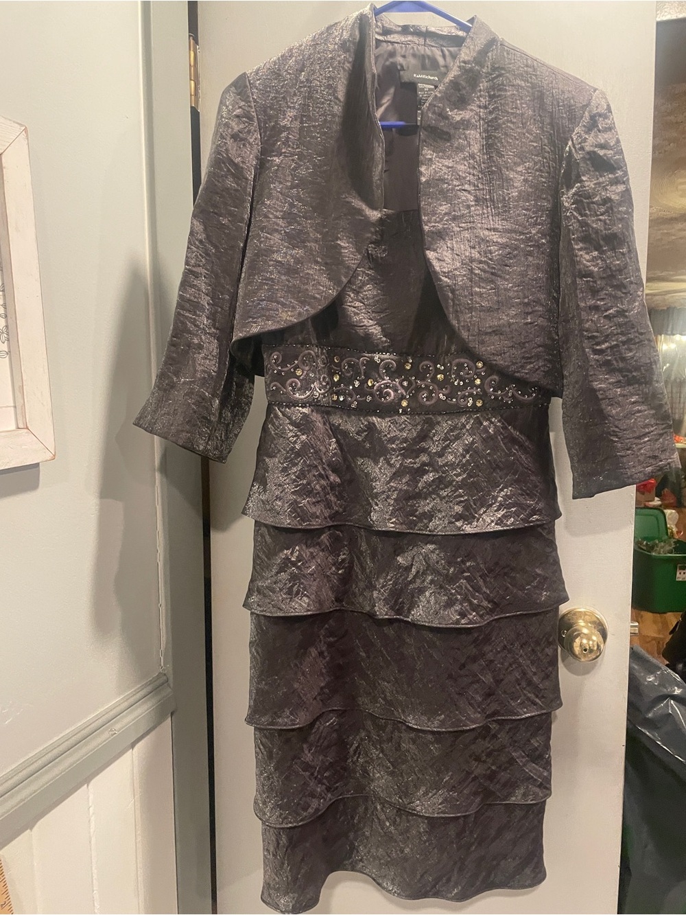 Elegant Black Tiered Dress with Embellished Waist and Matching Jacket size 10